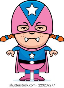 A cartoon illustration of a girl superhero looking angry.