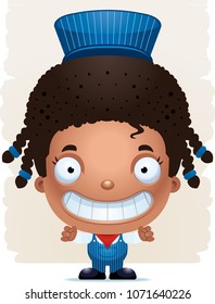 A cartoon illustration of a girl train conductor smiling.