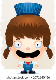 A cartoon illustration of a girl train conductor smiling.
