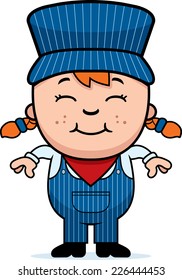 A cartoon illustration of a girl train conductor standing and smiling.