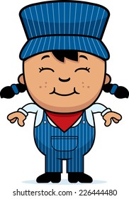 A cartoon illustration of a girl train conductor standing and smiling.