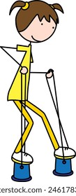 Cartoon illustration of a girl walking on bucket stilts