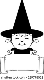 A cartoon illustration of a girl witch with a banner.