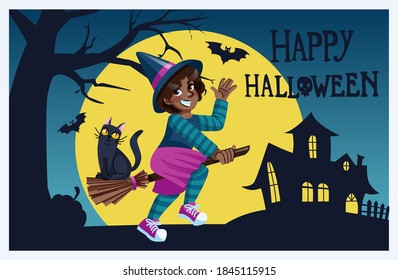 
Cartoon illustration with a girl in a witch costume and a black cat