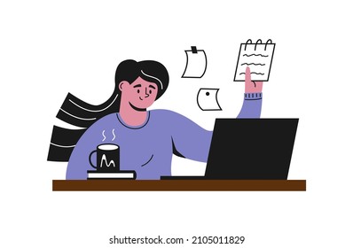 Cartoon illustration girl or woman sitting at the table with laptop and notebook in hand. Student home education. Distance learning. Online remote study concept. Flat vector cute character. Isolated.