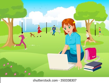 Cartoon illustration of a girl working with lap top in the city park