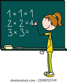 Cartoon illustration of a girl writing multiplication tables on a chalkboard