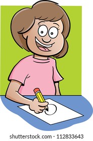 Cartoon illustration of a girl writing and sitting at a desk