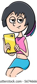 Cartoon Illustration of Girl or Young Woman with Smart Phone or Tablet