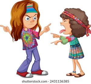 Cartoon illustration of girls arguing with angry expressions.