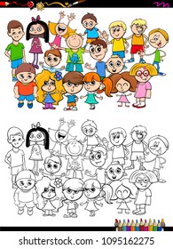 Cartoon Illustration of Girls and Boys Kid Characters Group Coloring Book Activity