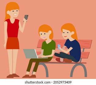 Cartoon illustration of girls and gadgets