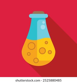 Cartoon illustration of a glass flask filled with a bubbling yellow liquid, set on a red background
