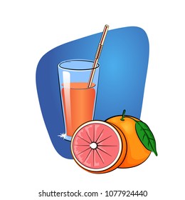 Cartoon illustration of glass of fresh grapefruit juice with straw. Half of ripe pink grapefruit and whole grapefruit with green leaf. 