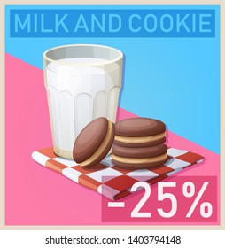 Cartoon illustration with glass of milk and chocolate cookie. Vector peanut butter shortbread sandwiches illustration for breakfast