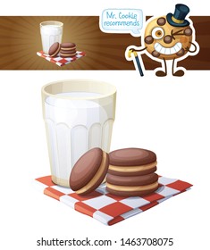 Cartoon illustration with glass of milk and chocolate cookie. Vector peanut butter shortbread sandwiches illustration for breakfast with funny cookie character