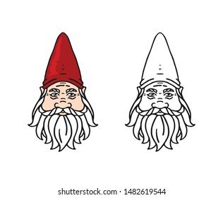 cartoon illustration gnome head, coloring gnome head illustration