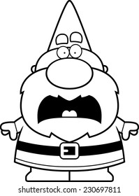 A cartoon illustration of a gnome looking scared.