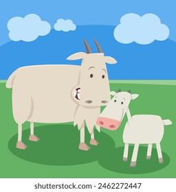 Cartoon illustration of goat farm animal character with cute little kid