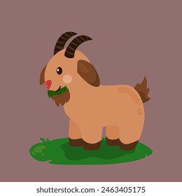 cartoon illustration of goat standing and eating grass from side view, cute goat cartoon for kids