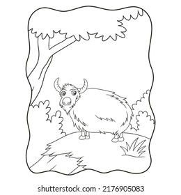 cartoon illustration a goat is walking in the middle of the meadow under a tree looking for food book or page for kids black and white