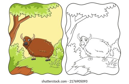 cartoon illustration a goat is walking in the middle of the meadow under a tree looking for food book or page for kids