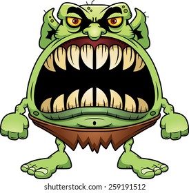 A cartoon illustration of a goblin with a big mouth full of sharp teeth.