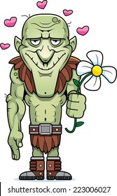 A cartoon illustration of a goblin with a flower.