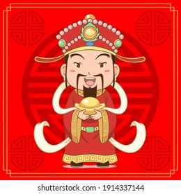 Cartoon illustration of God of Wealth holding gold ingot on red background for Chinese new year celebration.