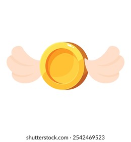 Cartoon illustration of a gold coin flying using two white wings, perfect for topics related to wealth or video games