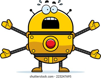 A cartoon illustration of a gold robot looking scared.