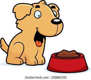 A cartoon illustration of a Golden Retriever with a bowl of food.