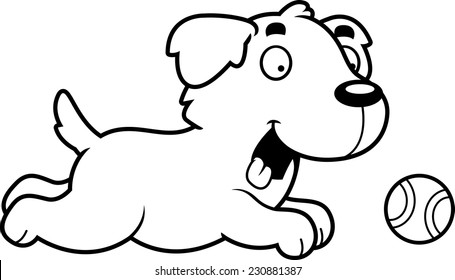 A cartoon illustration of a Golden Retriever chasing a ball.