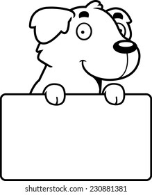 A cartoon illustration of a Golden Retriever with a sign.