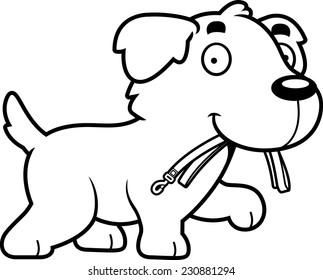 A cartoon illustration of a Golden Retriever walking with a leash in his mouth.