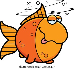 A cartoon illustration of a goldfish looking drunk.