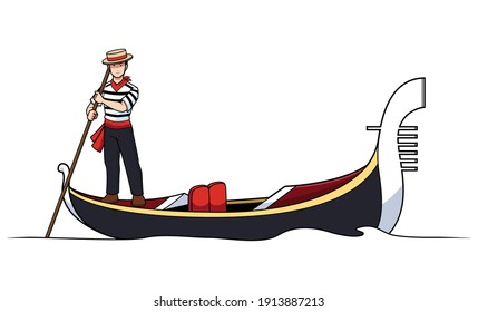 Ilustración de dibujos animados con gondolier paddling gondola a lo largo del canal veneciano.