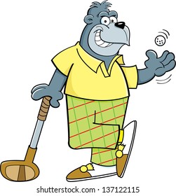 Cartoon illustration of a gorilla with a golf club and golf ball.