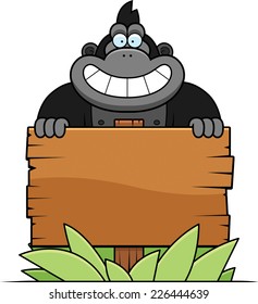 A cartoon illustration of a gorilla with a wooden sign.