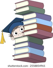 A cartoon illustration of a graduate student wearing a blue cap, curiously peeking from behind a tall stack of colorful books