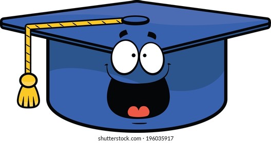 Cartoon illustration of a graduation cap with a big smile. 