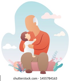 Cartoon illustration of grandfather holding his grandchild.