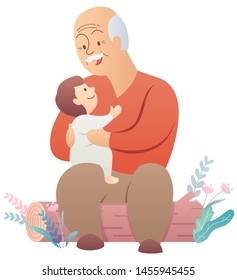 Cartoon illustration of grandfather holding his grandchild.