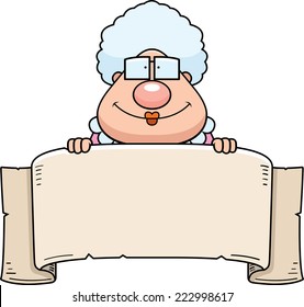 A cartoon illustration of a grandma with a banner sign.