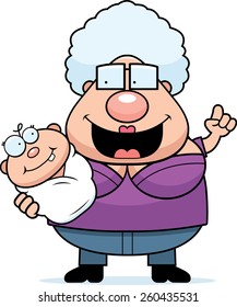 A cartoon illustration of a grandma talking to baby.