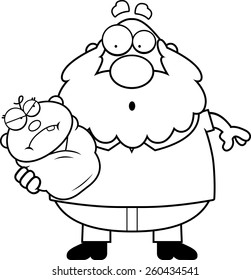 A cartoon illustration of a grandpa with an angry baby looking surprised.