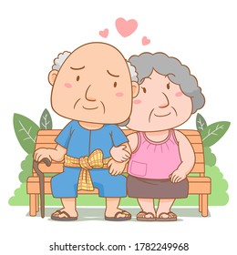 Cartoon illustration of grandparents in love sitting on garden bench. National grandparents' day.