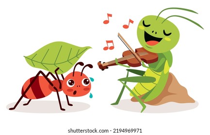 Cartoon Illustration Of  Grasshopper And Ant