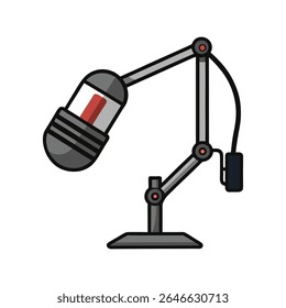 Ilustração em desenho animado de um microfone cinza e preto ligado a um braço flexível montado sobre uma base cinza contra um fundo branco. O microfone tem um sotaque vermelho. O estilo é simples e limpo.