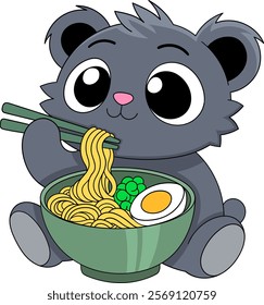 A cartoon illustration of a gray koala with big, expressive eyes enjoying a bowl of ramen, complete with noodles, peas, and a boiled egg, using chopsticks